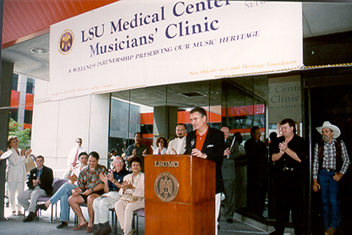 Sen John Breaux speaking at Musicians Clinic Dedication